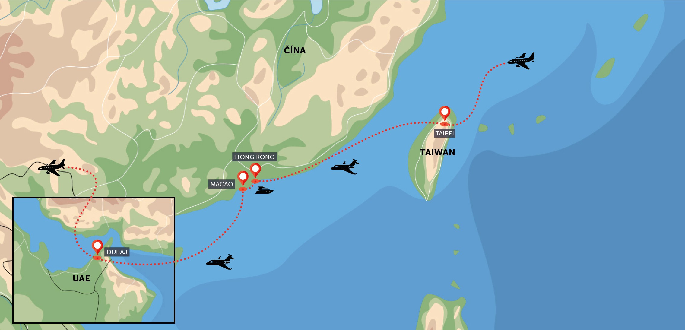 Mapa trasy zájezdu Taiwan, Hongkong, Macao a Dubaj