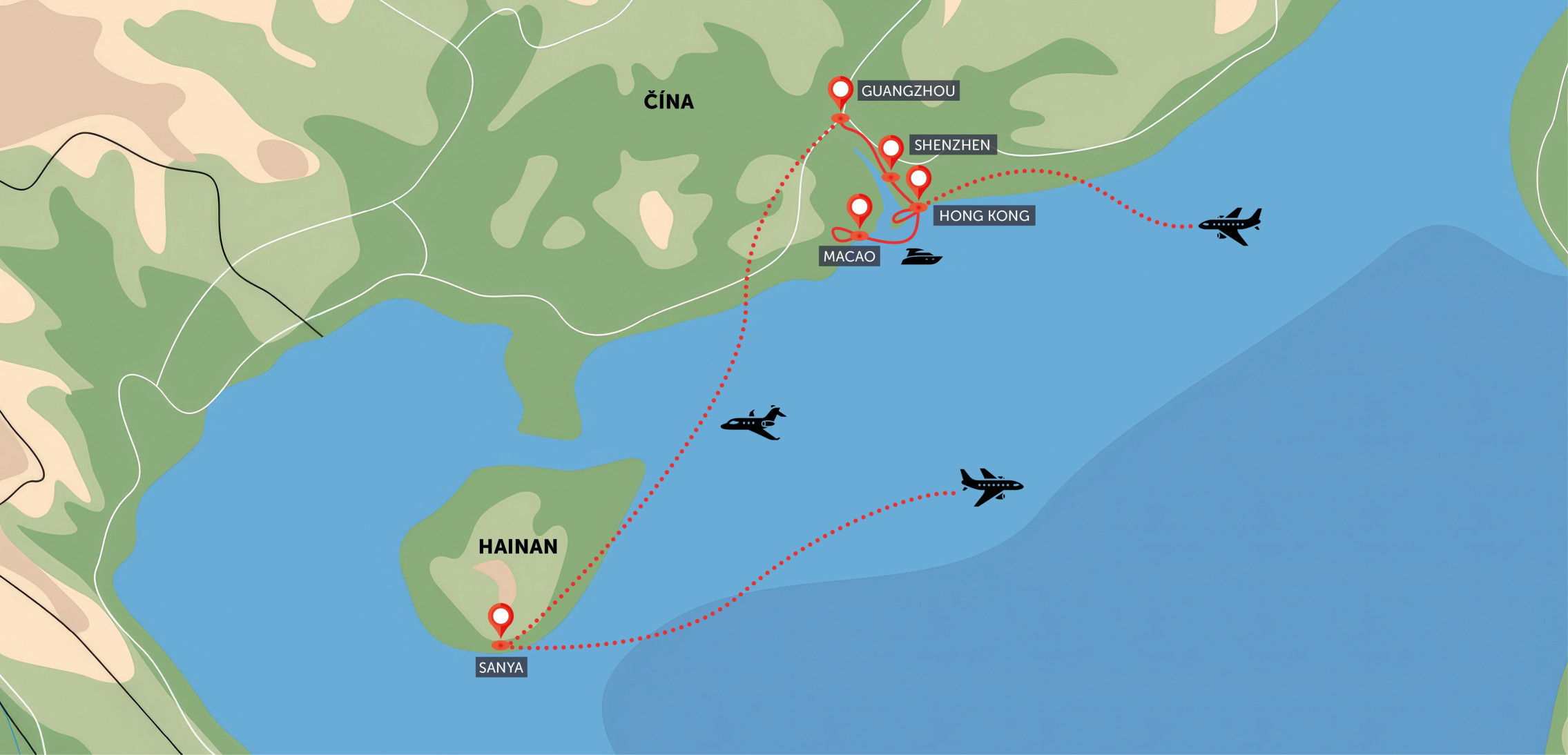 Mapa trasy zájezdu Hongkong, Kanton a Hainan